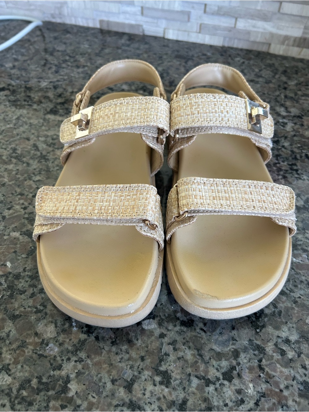a new day Beige Woven Strap Womens Sandals with Buckle Detail